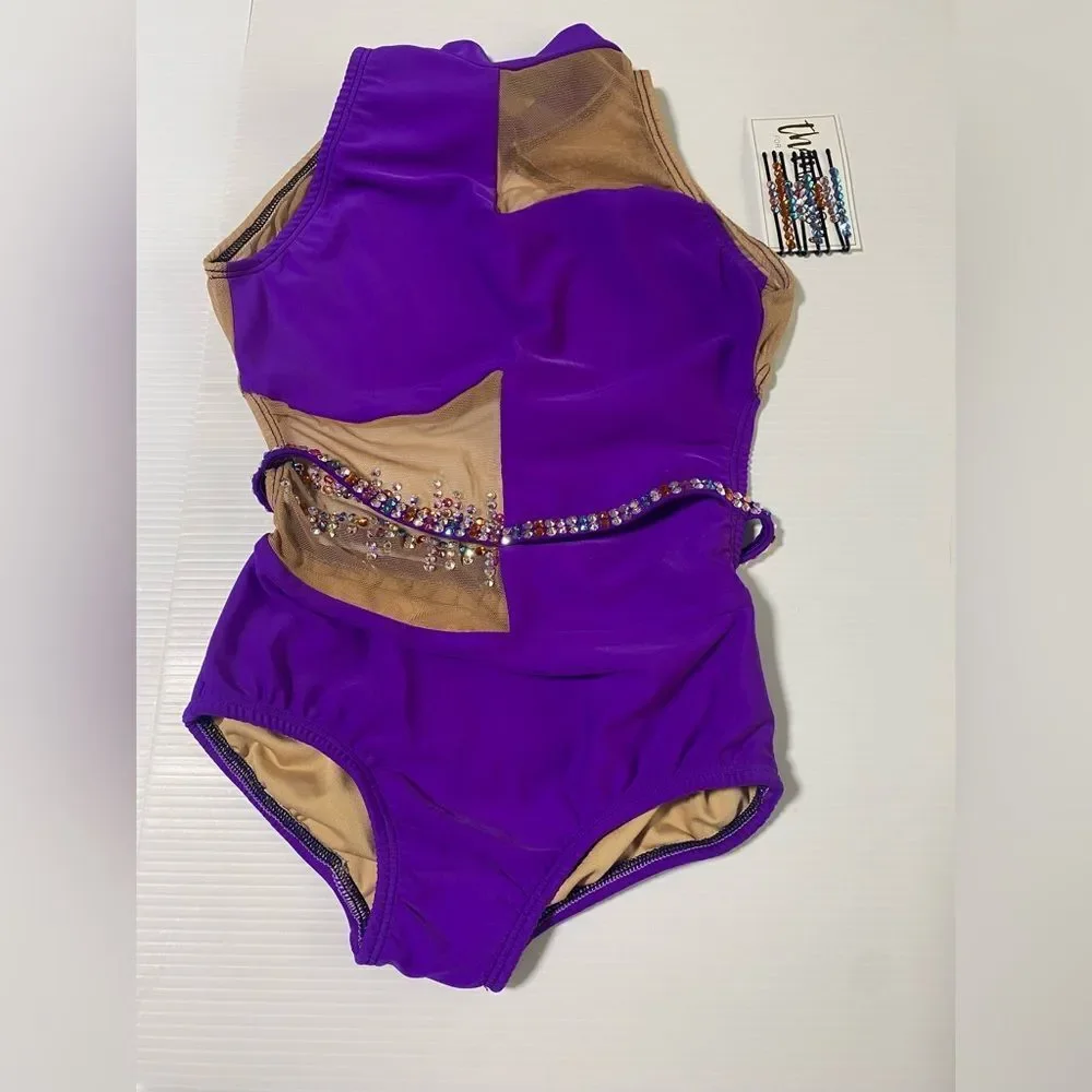 AA dance design solo costume JOURNEY leotard purple mesh cutout LC-large child